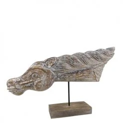 MOYCOR Statuettes Et Figurines Figure Tête Cheval Sculpté Avec Base En Bois Marron