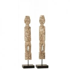 LANADECO Statuettes Et Figurines Personnage Sur Pied Bois Albasia Gris H46cm - Lot De 2